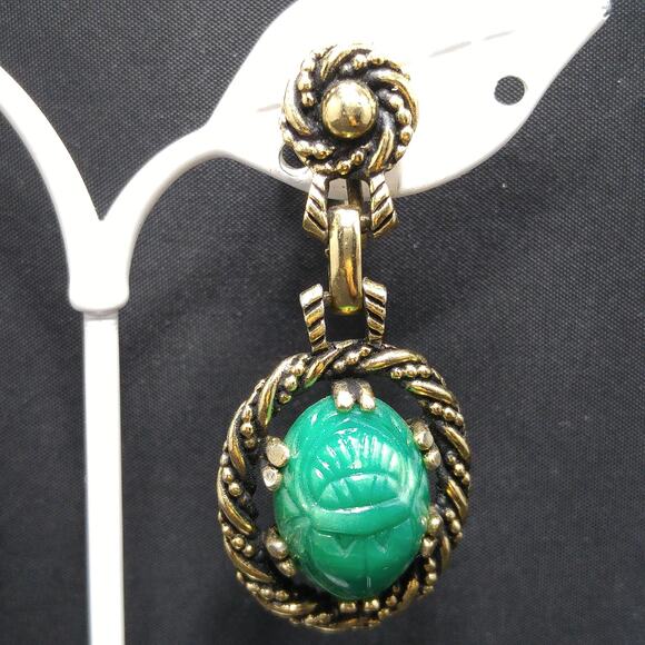 Vintage Peking Glass Scarab Beetle Screw-back Earrings, 1950's, 2 Inches - Picture 3 of 10